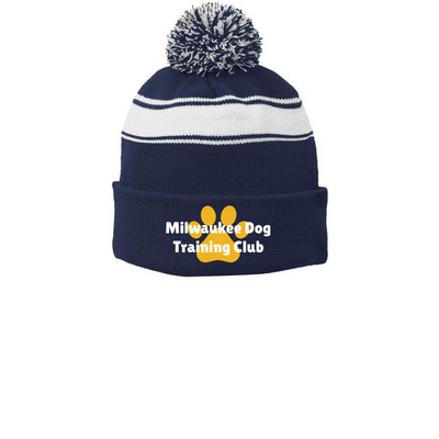 MDTC Striped Beanie, a True Navy/ White Printed Stripe Pom-Pom Beanie