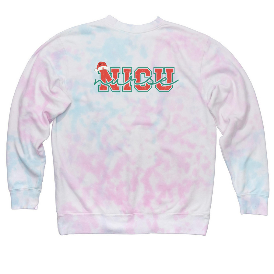 The Merry NICU Crew, a Cotton Candy Tie Dye Crewneck Sweatshirt (back-view)