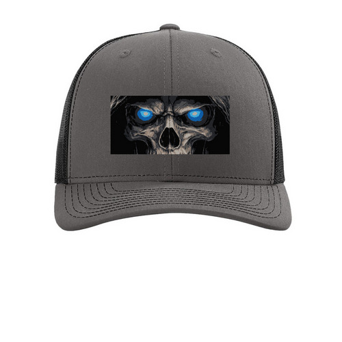 BONES HAT, a Charcoal/ Black Printed Snapback Trucker Cap