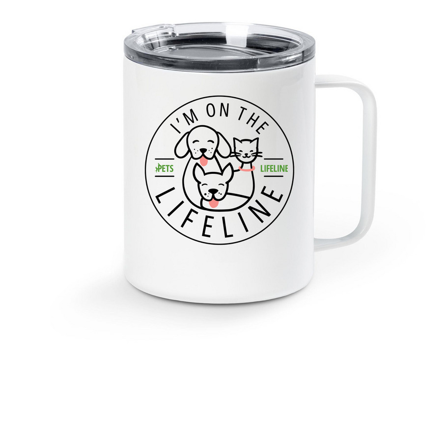 On the Lifeline Travel Mug, a White Stainless Steel Travel Mug