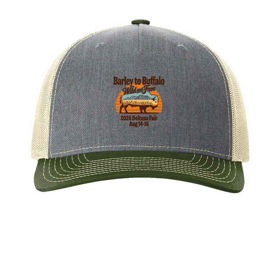 2026 Deltana Fair Hats, a Heather Grey/ Birch/ Army Olive Printed Five-Panel Trucker Cap