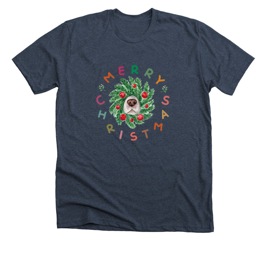 Peeking Through the Holiday Wreath (L/W), a Heather Midnight Navy Premium Unisex Tee