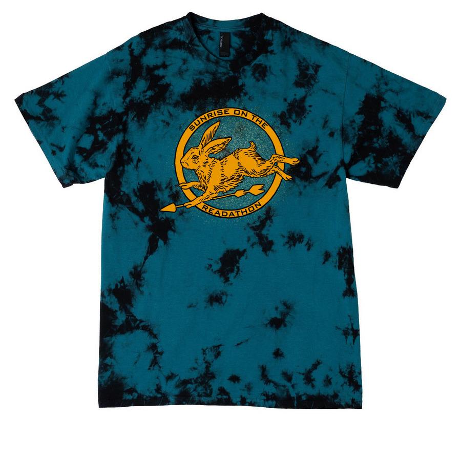 Sunrise on the Readathon 2026, a Black/ Teal Crystal Tie Dye Tee