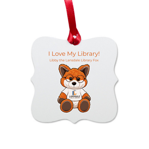 Libby the Lansdale Library Fox Ornaments, a White Aluminum Square Ornament