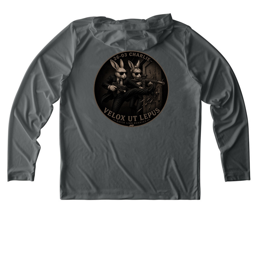 26-03C Sun shirts, a Dark Smoke Grey UV Performance Long Sleeve Hoodie (back-view)