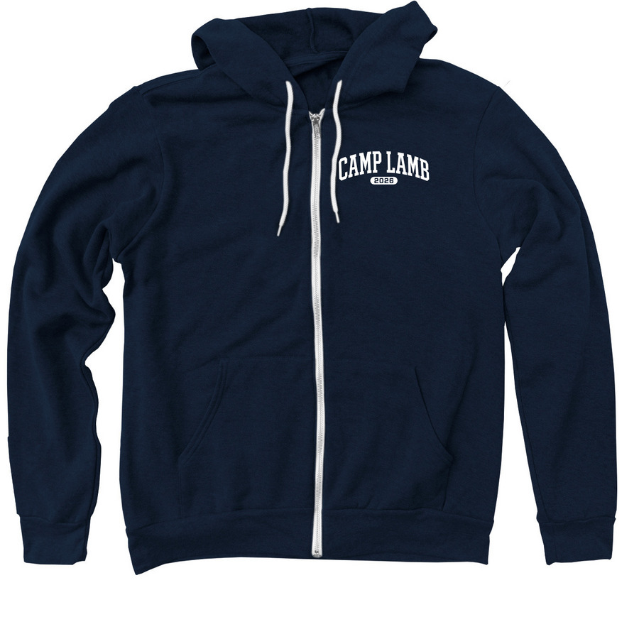 Camp Lamb 2026 (white pocket logo), a Navy Zip Up Hoodie