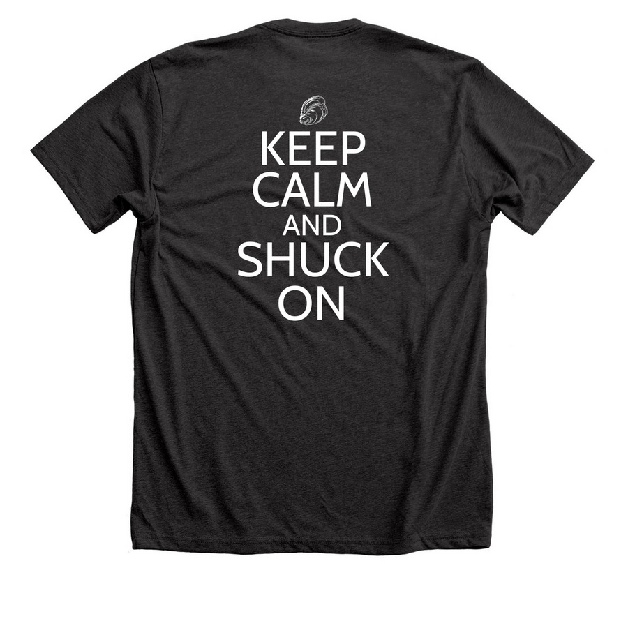 KEEP CALM & SHUCK ON, a Dark Grey Heather Premium Unisex Tee (back-view)