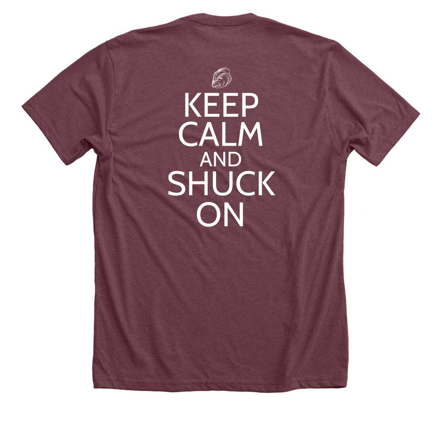 KEEP CALM & SHUCK ON, a Heather Maroon Premium Unisex Tee (back-view)