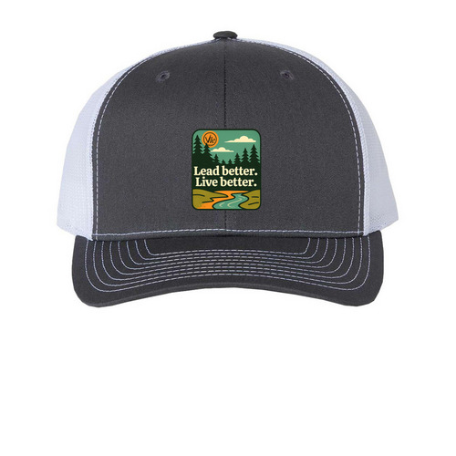Lead Better. Live Better. Hat, a Charcoal/ White Printed Snapback Trucker Cap