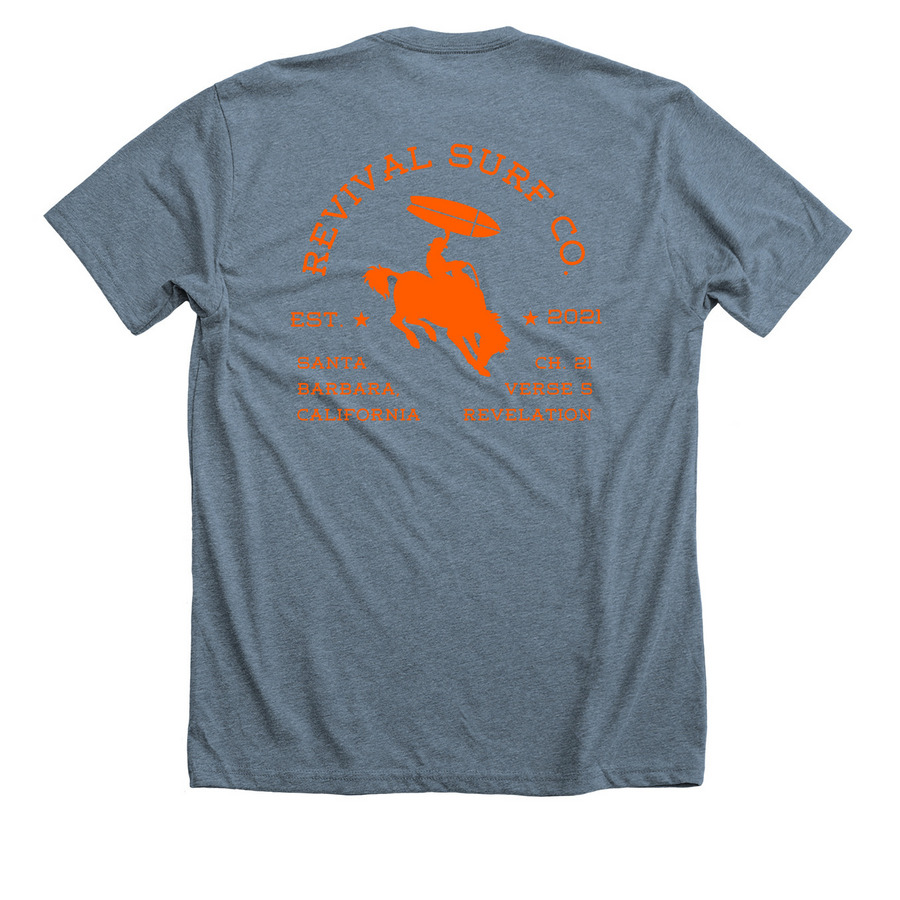 Western (Orange Font), a Heather Slate Premium Unisex Tee (back-view)