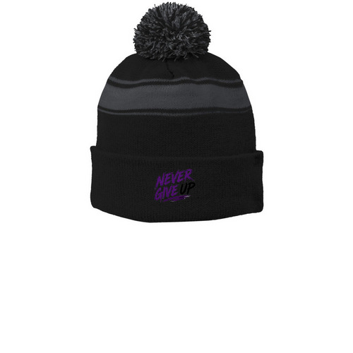 Rocking the beanie, a Black/ Iron Grey Printed Stripe Pom-Pom Beanie