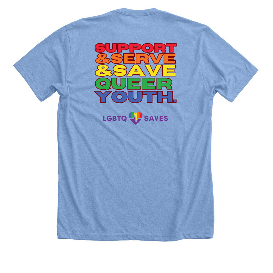 LGBTQ SAVES Volunteer Shirt, a Heather Carolina Blue Premium Unisex Tee (back-view)