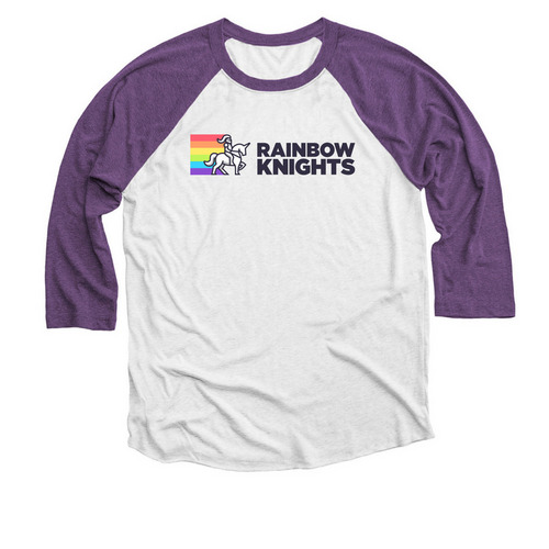 Rainbow Knights [color logo], a Purple Rush and Heather White 3/4 Sleeve Baseball Tee