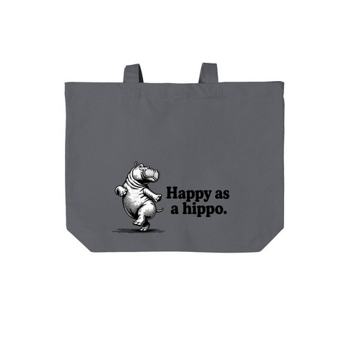 Happy Hippo Tote, a Storm Grey Cotton Canvas Tote Bag