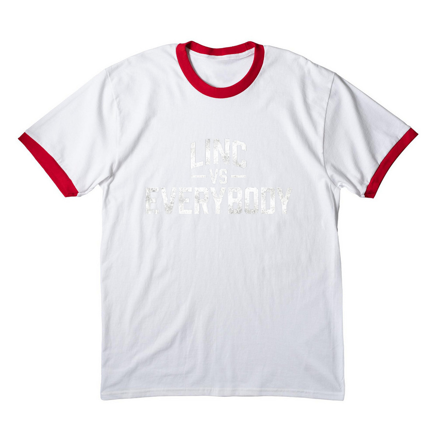 Linc Staff, a White/ Red Cotton Ringer Tee