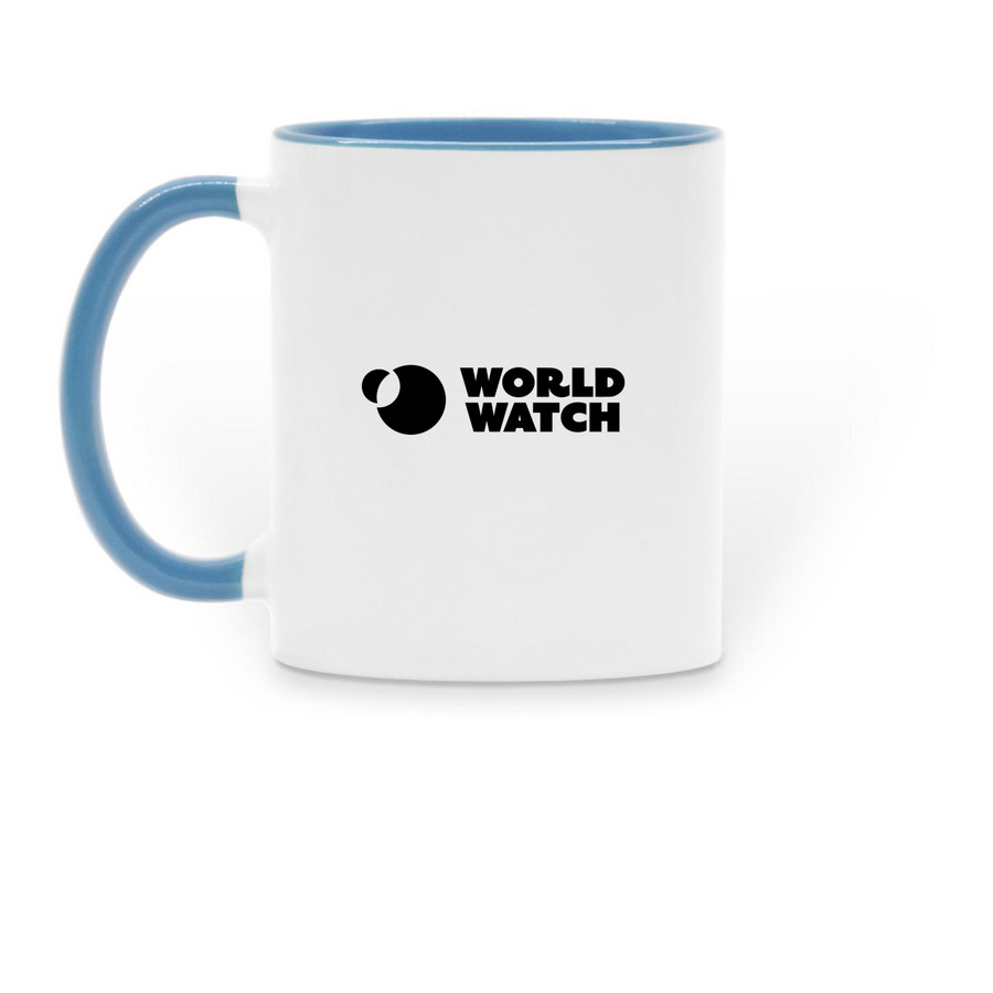World Watch Good Morning Mug, a Light Blue Two-Tone Ceramic Mug (back-view)