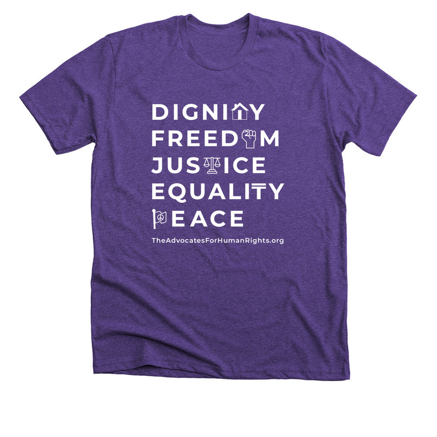 Defend Human Rights, a Heather Team Purple Premium Unisex Tee