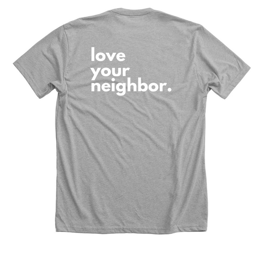 Samaritan Inn Love your neighbor, a Athletic Heather Premium Unisex Tee (back-view)