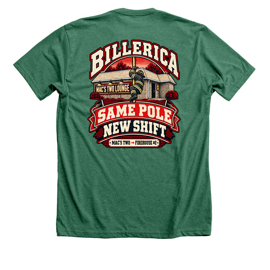Mac 2?s to Firehouse #2, a Heather Grass Green Premium Unisex Tee (back-view)
