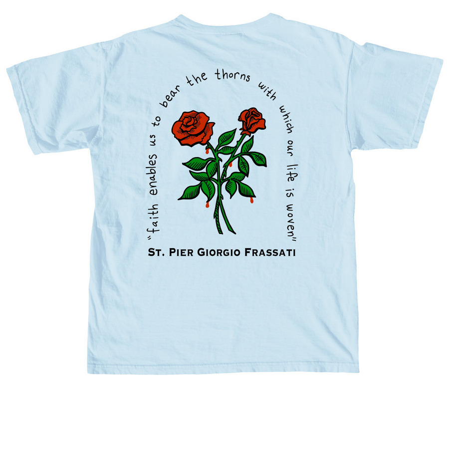 Frassati Roses, a Chambray Comfort Colors Unisex Tee (back-view)