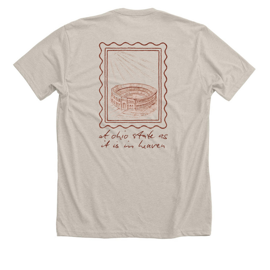 The White/Beige Stamp Collection, a Heather Dust Premium Unisex Tee (back-view)