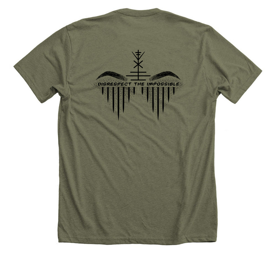 Disrespect the Impossible, a Heather Olive Premium Unisex Tee (back-view)