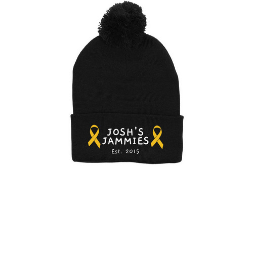 Beanie Hats, a Black Printed Pom-Pom Beanie
