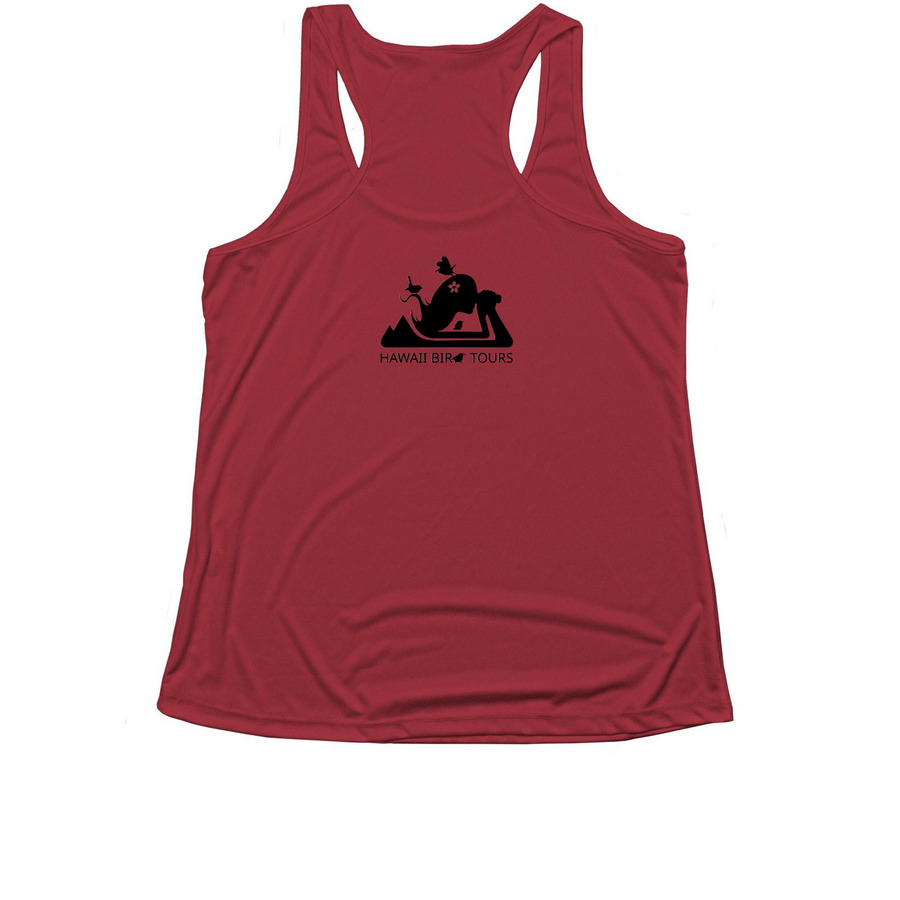 I saw the O'ahu 'Elepaio, a True Red Women's Performance Tank (back-view)