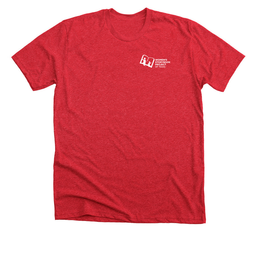 Turning Pages, Turning Lives (white design), a Heather Red Premium Unisex Tee
