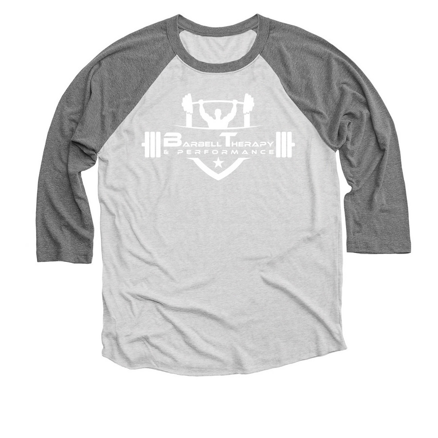 Barbell Therapy Merch!, a Premium Heather and Heather White 3/4 Sleeve Baseball Tee