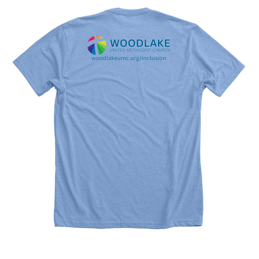 WUMC Inclusion 2026, a Heather Carolina Blue Premium Unisex Tee (back-view)
