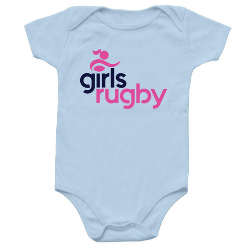 Girls Rugby Baby Onesie Light Colors, a Light Blue Infant Onesie