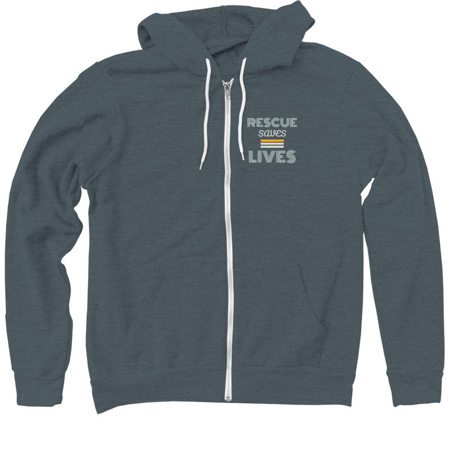 RESCUE SAVES LIVES, a Heather Slate Zip Up Hoodie