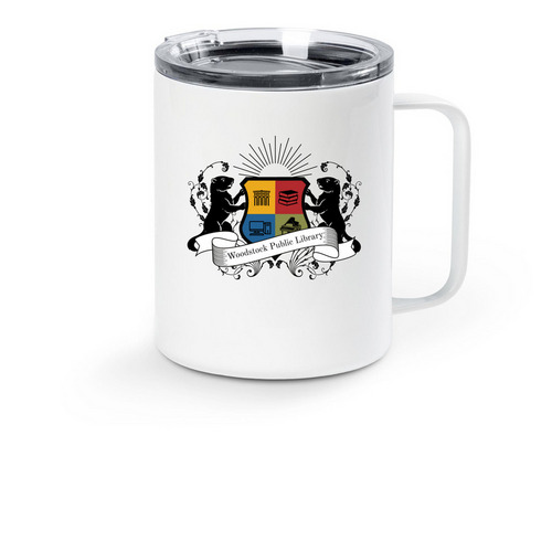 Woodstock Public Library Shield, a White Stainless Steel Travel Mug