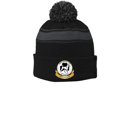 Two Tone Beanie, a Black/ Iron Grey Printed Stripe Pom-Pom Beanie