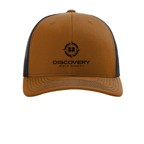 Outreach Hat - Black DBC Distressed Logo, a Carmel/ Black Printed Snapback Trucker Cap