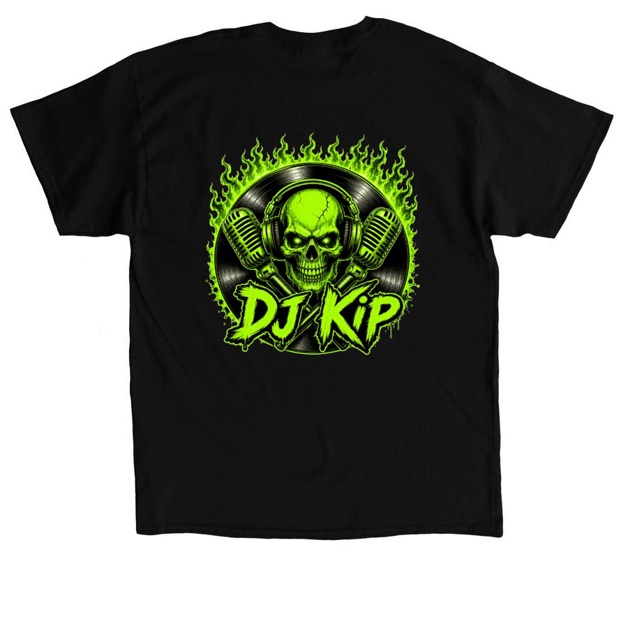 "DJ Kip" T-shirt, a Black Classic Unisex Tee (back-view)