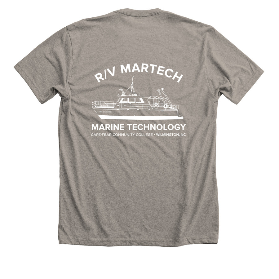 R/V Martech Garb&nbsp;(white ink/ dark fabrics), a Heather Stone Premium Unisex Tee (back-view)
