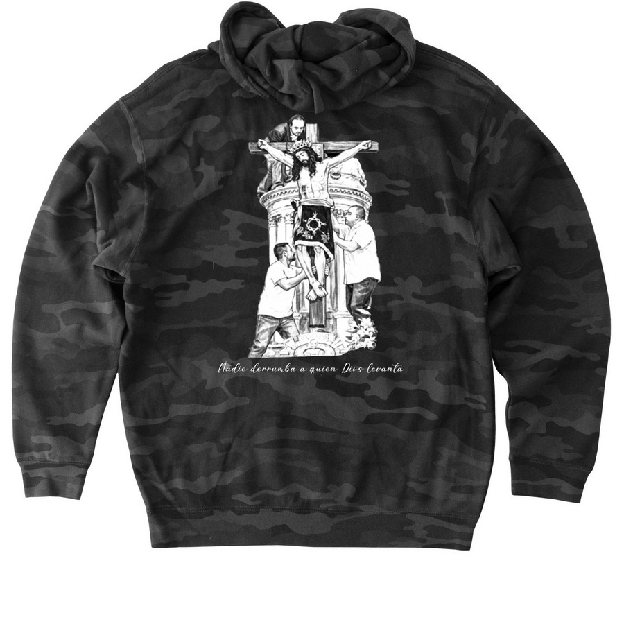 Se?or del Perd?n- Cojumatlan, Michoac?n, a Black Camo Heavyweight Camo Pullover Hoodie (back-view)