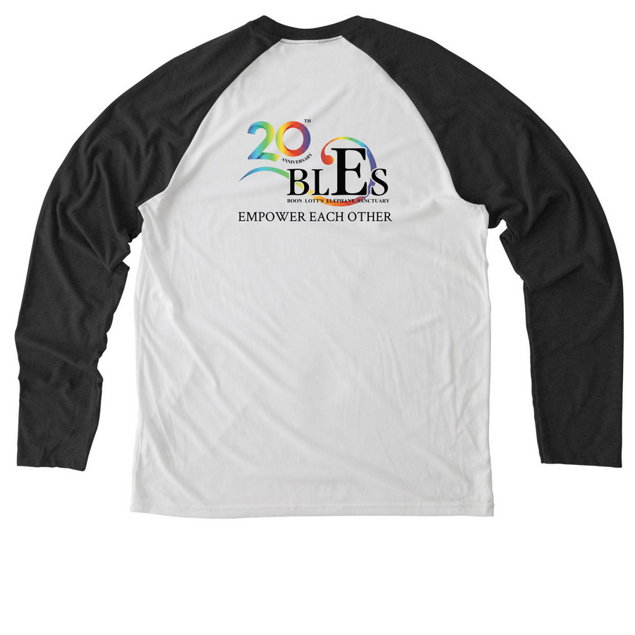 Celebrating 20 years of BLES!, a Space Black/ Bright White Allmade Eco Triblend Colorblock Raglan Long Sleeve Tee (back-view)