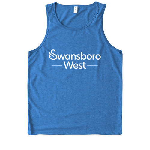 Swansboro West T-Shirts - White Logo on Front, a Azure Blue Allmade Eco Triblend Tank