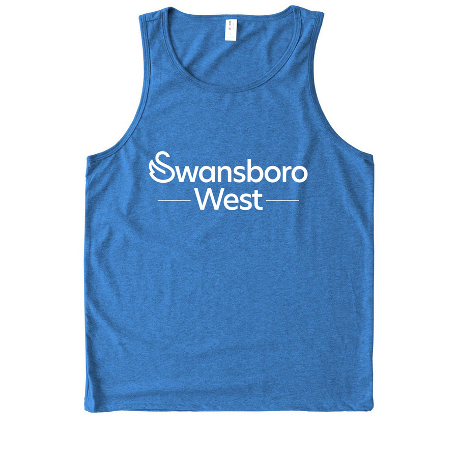 Swansboro West T-Shirts - White Logo on Front, a Azure Blue Allmade Eco Triblend Tank