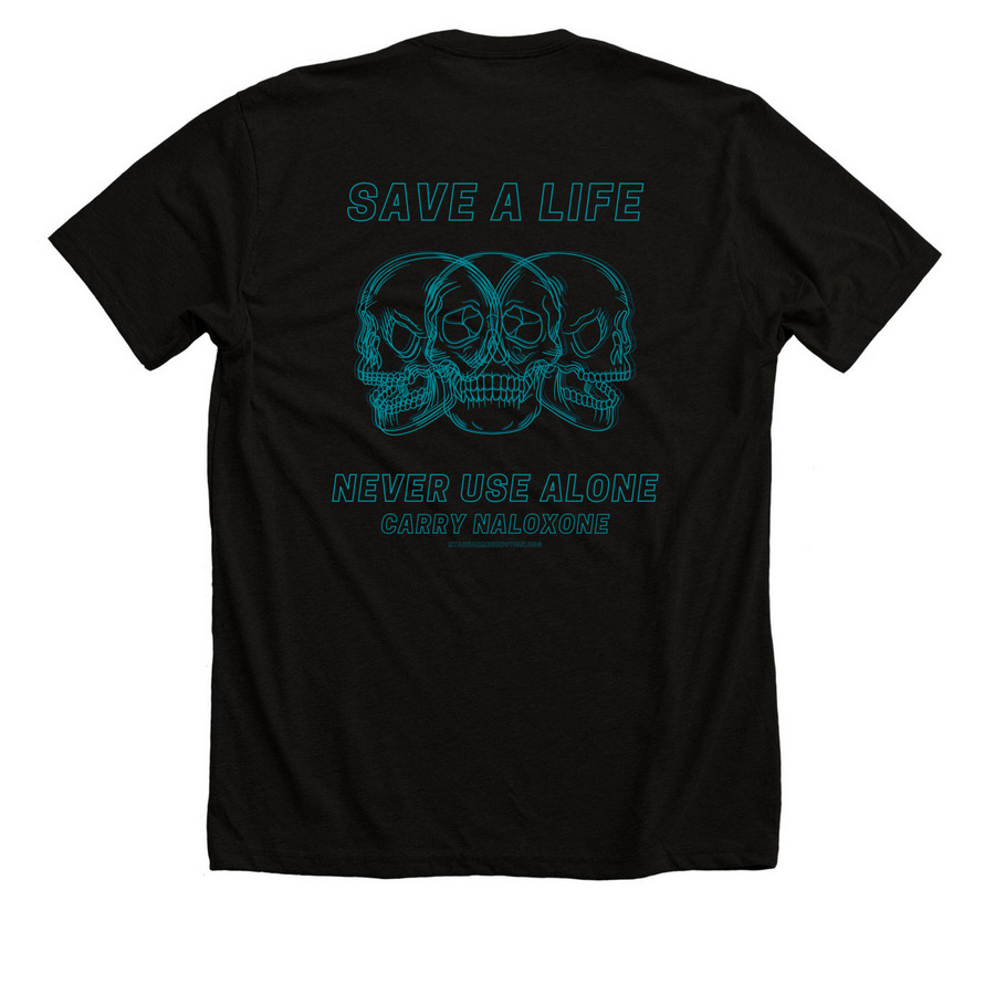 Never Use Alone&nbsp;, a Solid Black Blend Premium Unisex Tee (back-view)