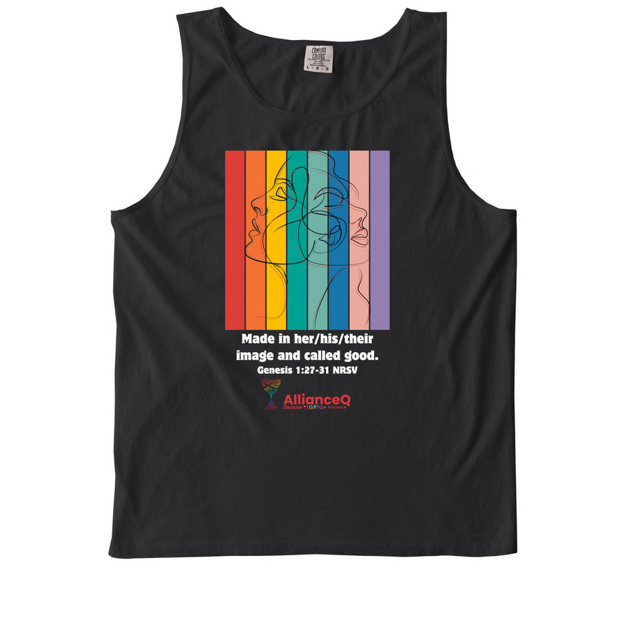 Made in Their Image and Called Good (Rainbow), a Black Comfort Colors Tank Top