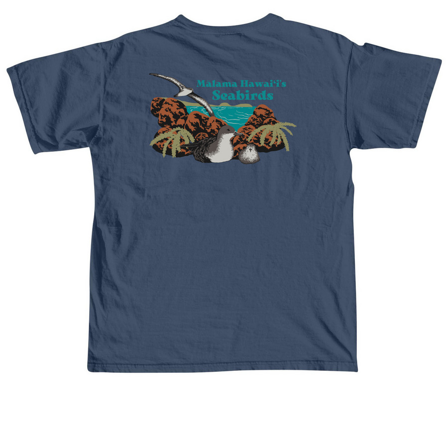 M?lama Hawai?i's Seabirds with Large Logo, a Midnight Comfort Colors Unisex Tee (back-view)