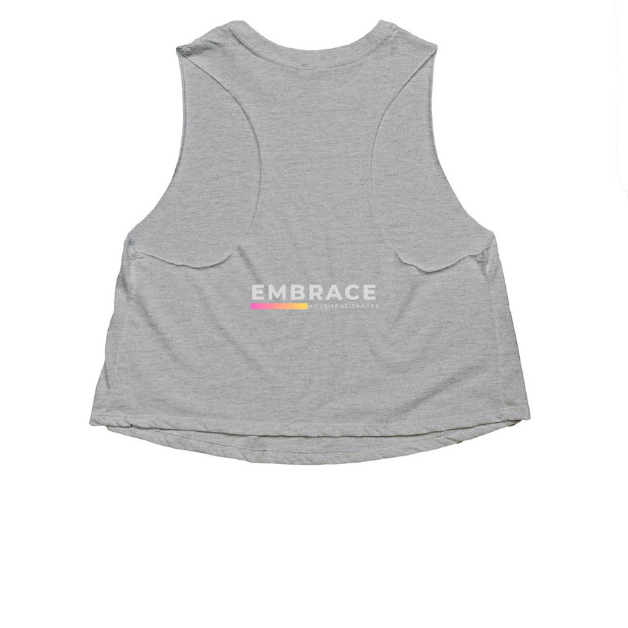 Pilates is metal AF, a Athletic Heather Women's Cropped Racerback Tank (back-view)