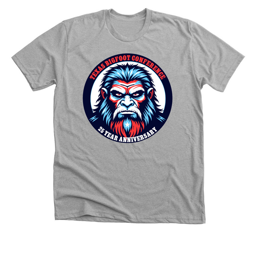 25th Anniversary Texas Bigfoot Conference, a Athletic Heather Premium Unisex Tee