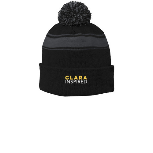 Beanies from Clara Inspired, a Black/ Iron Grey Printed Stripe Pom-Pom Beanie