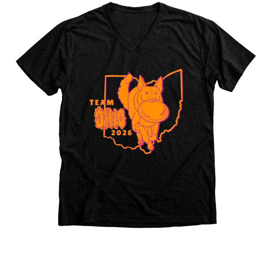 Team Ohio UPDIF 2026 ORANGE plus Chuck, a Black Heather Premium V-Neck Tee