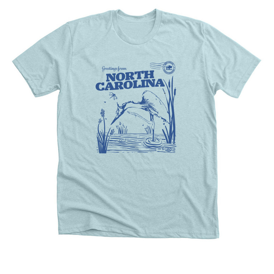 Great Blue Heron ?Postcard? Tee, a Heather Ice Blue Premium Unisex Tee